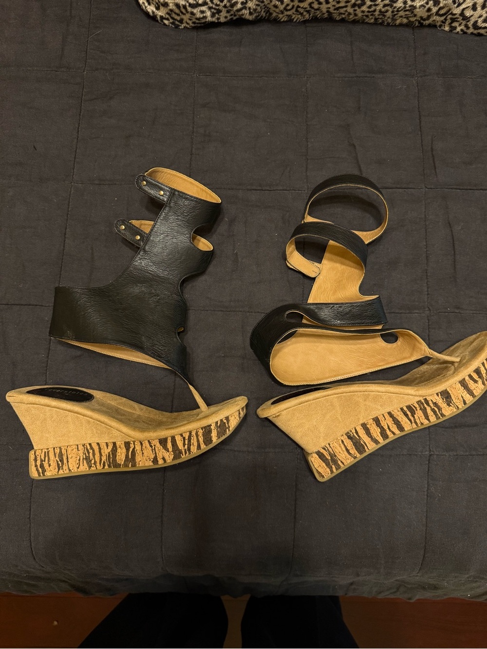 ReversibleBlack or Tan Leather Ankle-Strap Wedge Sandals with Patterned platform